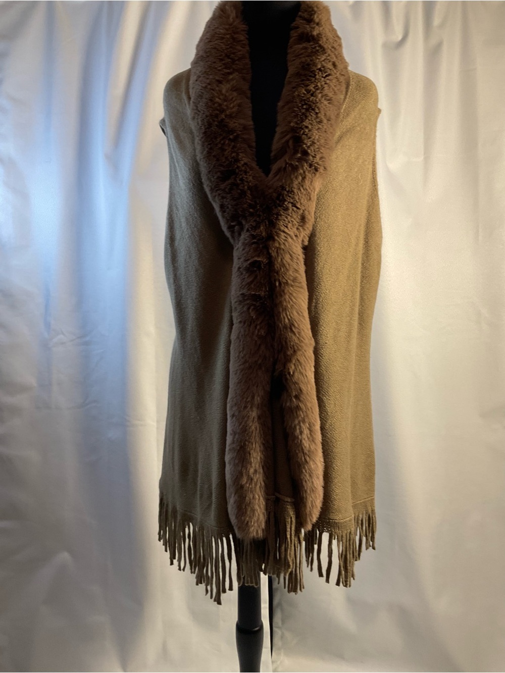 Northern Angel Cozy Camel Faux-Fur Trim Fringe Shawl Poncho